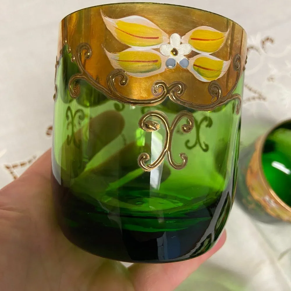 5 VTG Moser Czech Glass Whiskey Green Gold Gilt Enamel Bohemian